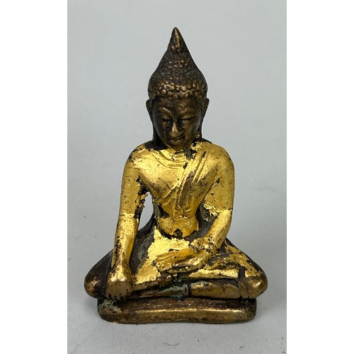 62 - A CHINESE BRONZE BUDDHA WITH APPLIED GOLD LEAF, 

7.5cm x 4.5cm