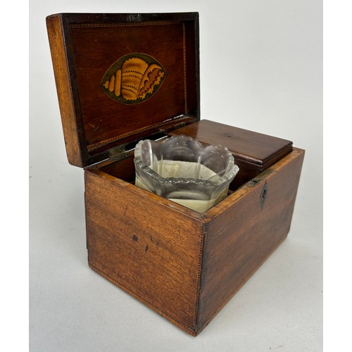 26 - A 19TH CENTURY GEORGIAN SHERATON DESIGN CADDY, 

With parquetry border and marquetry inlaid shell pa... 