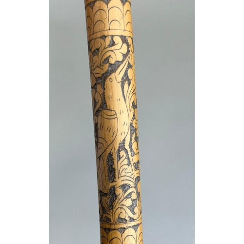 188 - A HIGHLY UNUSUAL CARVED BAMBOO WALKING STICK OR CANE CARVE WITH EXOTIC BIRDS, FIGURES AND FOLIAGE, 
... 