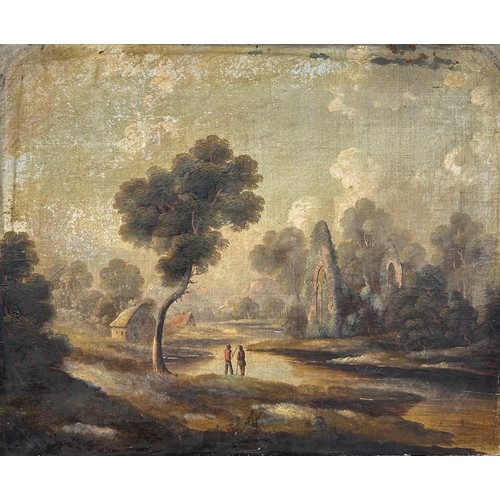 2 - A 19TH CENTURY OIL ON CANVAS PAINTING DEPICTING TWO FIGURES FISHING BESIDE A RIVER WITH A LARGE TREE... 