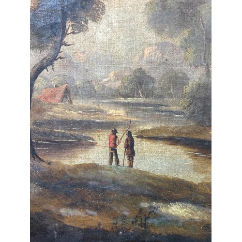 2 - A 19TH CENTURY OIL ON CANVAS PAINTING DEPICTING TWO FIGURES FISHING BESIDE A RIVER WITH A LARGE TREE... 