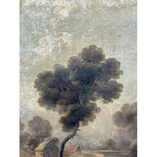 2 - A 19TH CENTURY OIL ON CANVAS PAINTING DEPICTING TWO FIGURES FISHING BESIDE A RIVER WITH A LARGE TREE... 