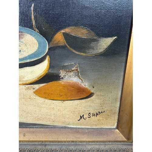 4 - AN OIL ON CANVAS PAINTING DEPICTING A STILL LIFE  WITH ORANGES ON A BLUE PLATE BESIDES A WINE GLASS,... 