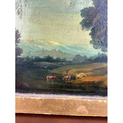 9 - AN OIL PAINTING ON BOARD DEPICTING LANDSCAPE SCENE WITH TREES AND THREE COWS BESIDE A RIVER, 

29cm ... 