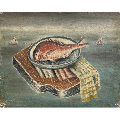 10 - AN OIL PAINTING ON CANVAS DEPICTING A STILL LIFE OF FISH ON A PLATE SURROUNDED BY SEA AND SAILBOATS,... 