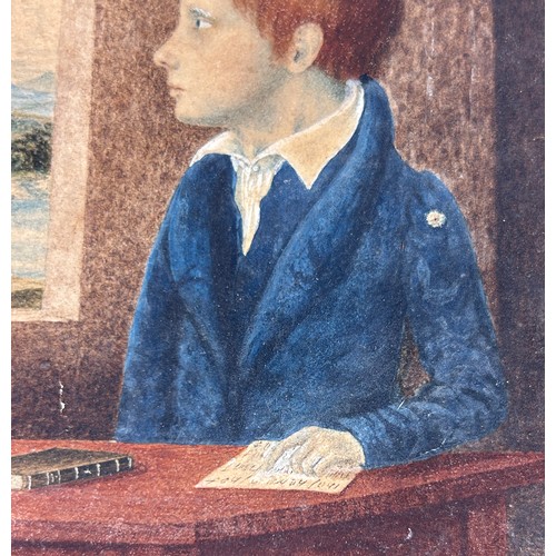 11 - A RARE 19TH CENTURY PORTRAIT MINIATURE PAINTING ON PAPER DEPICTING A RED HAIRED BOY GAZING WISTFULLY... 