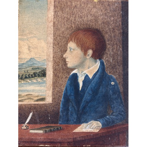 11 - A RARE 19TH CENTURY PORTRAIT MINIATURE PAINTING ON PAPER DEPICTING A RED HAIRED BOY GAZING WISTFULLY... 