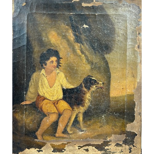 13 - DOG INTEREST: A 19TH CENTURY OIL ON CANVAS PAINTING DEPICTING A BOY WITH A DOG, 

31cm x 26cm 

Moun... 