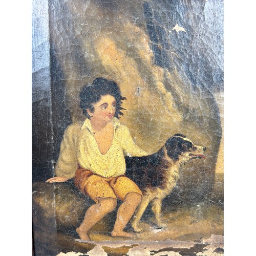 13 - DOG INTEREST: A 19TH CENTURY OIL ON CANVAS PAINTING DEPICTING A BOY WITH A DOG, 

31cm x 26cm 

Moun... 