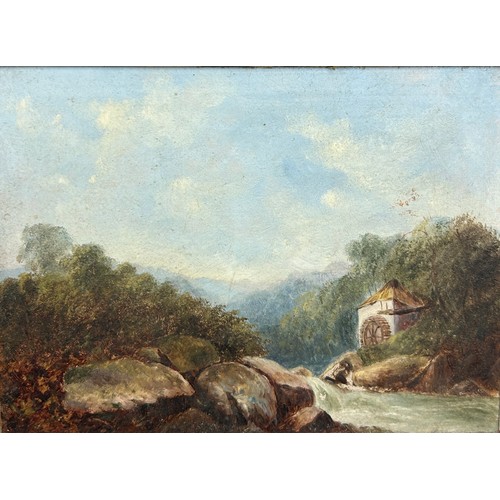 14 - A PAIR OF OIL PAINTINGS BOARD DEPICTING A MILL WITH FAST FLOWING WATER, THE OTHER A GIRL ON A FARM B... 