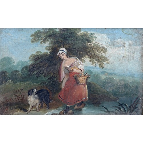 15 - A PAIR OF NAIVE OIL PAINTINGS ON BOARD DEPICTING A SHEPHERDESS WITH DOGS AND SHEEP, 

16.5cm x 10cm ... 