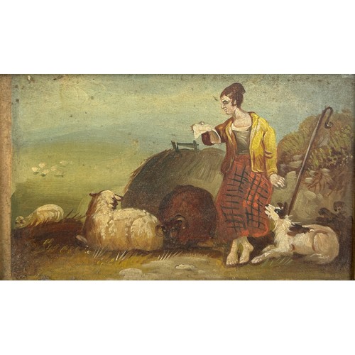 15 - A PAIR OF NAIVE OIL PAINTINGS ON BOARD DEPICTING A SHEPHERDESS WITH DOGS AND SHEEP, 

16.5cm x 10cm ... 