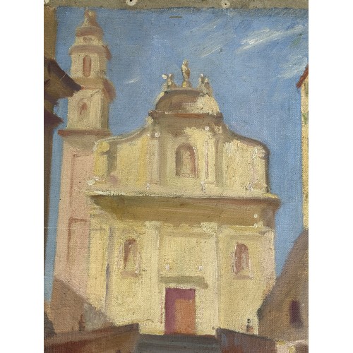 16 - CONTINENTAL SCHOOL: AN OIL PAINTING ON CANVAS DEPICTING A SQUARE WITH STEPS, A CHURCH AND FIGURES WA... 