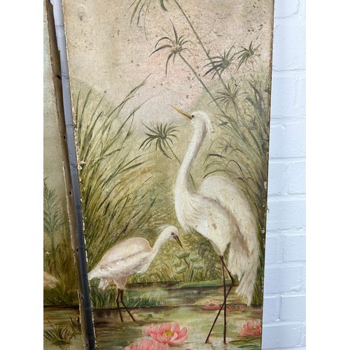 17 - A PAIR OF OIL PAINTINGS ON CANVAS DEPICTING FLAMINGOS IN SHALLOW POOLS OF WATER WITH FLORA AND FAUNA... 
