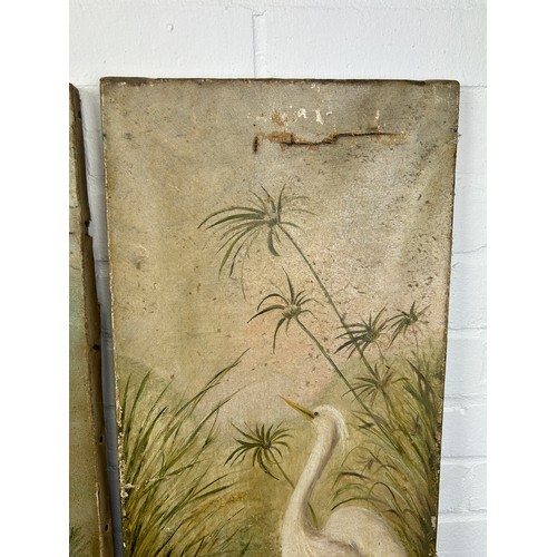 17 - A PAIR OF OIL PAINTINGS ON CANVAS DEPICTING FLAMINGOS IN SHALLOW POOLS OF WATER WITH FLORA AND FAUNA... 