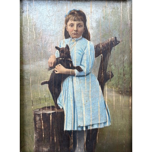 18 - DOG INTEREST: AN OIL PAINTING POSSIBLY OVER A PHOTOGRAPH ON BOARD DEPICTING A GIRL IN A BLUE DRESS H... 