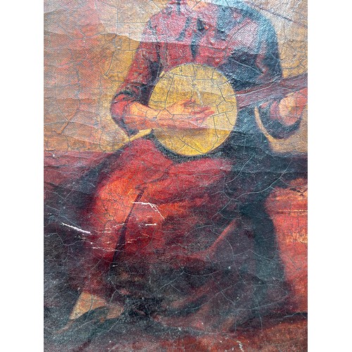 21 - A 19TH CENTURY OIL PAINTING ON CANVAS DEPICTING A LADY IN A RED DRESS PLAYING A BANJO, 

Signed indi... 