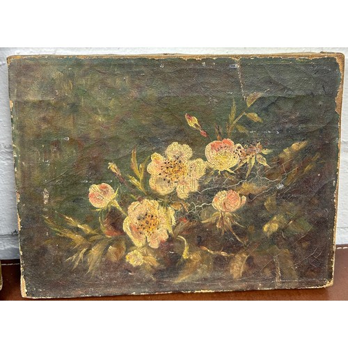 27 - TWO OIL PAINTINGS ON CANVAS DEPICTING STILL LIFE, ONE OF FRUIT THE OTHER OF FLOWERS, 

Largest 30cm ... 