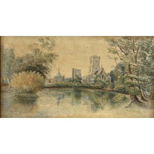 31 - A WATERCOLOUR PAINTING ON PAPER DEPICTING A POND WITH A CHURCH IN THE BACKGROUND, 

40cm x 23cm

Mou... 