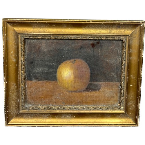 26 - AN OIL PAINTING ON CANVAS BOARD DEPICTING A STILL LIFE WITH AN APPLE, 

18cm x 13cm 

Mounted in a f... 