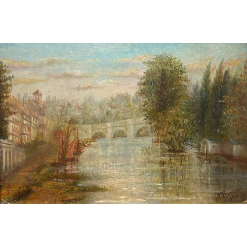 23 - AN OIL PAINTING ON BOARD DEPICTING A RIVER VIEW WITH HOUSES TO THE LEFT AND A BRIDGE IN THE DISTANCE... 
