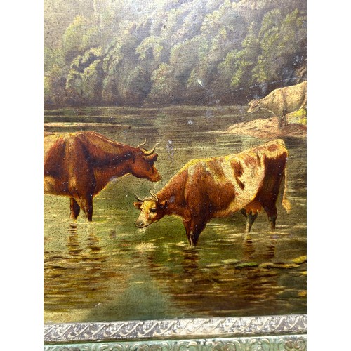 28 - A PAIR OF LARGE VICTORIAN OIL PRINTS ON BOARD DEPICTING LANDSCAPE SCENES WITH CATTLE AND SHEEP, 

Si... 