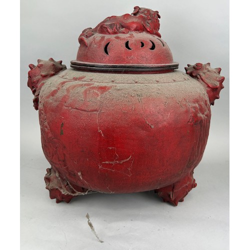 197A - A VERY LARGE CHINESE RED METAL INCENSE BURNER WITH FOO DOG LID, SHELL HANDLES AND FEET, 

Figure of ... 