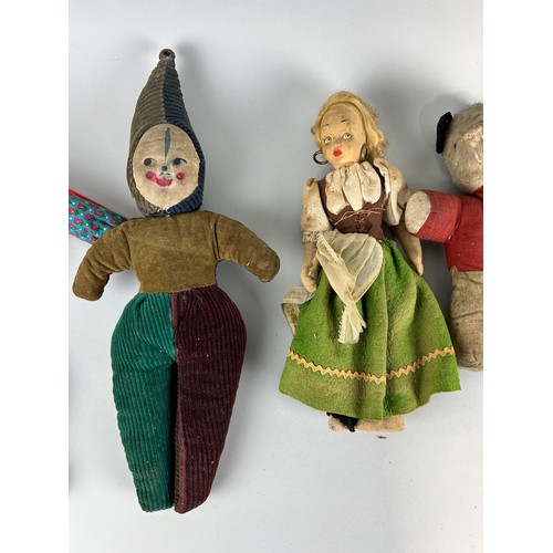 41 - A COLLECTION OF EARLY TOYS AND DOLLS TO INCLUDE ONE FIGURE OF PUNCH AND ANOTHER CORDUROY DOLL WITH P... 