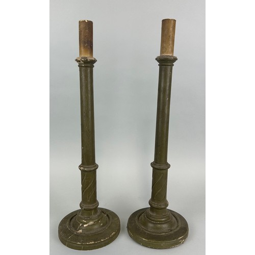 97 - A PAIR OF GREEN PAINTED WOODEN CANDLESTICKS
