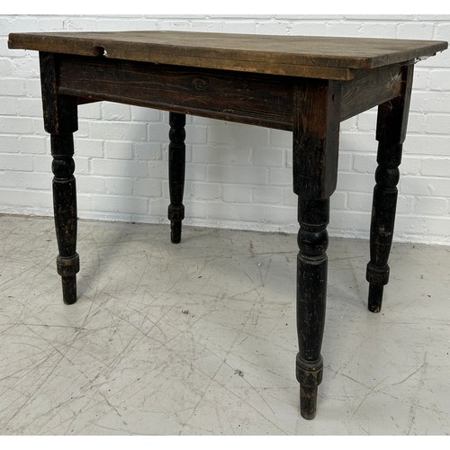 87 - A RUSTIC FRENCH PINE SIDE TABLE WITH EBONISED TURNED LEGS, 

90cm x 74cm x 60cm