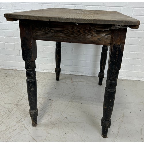 87 - A RUSTIC FRENCH PINE SIDE TABLE WITH EBONISED TURNED LEGS, 

90cm x 74cm x 60cm