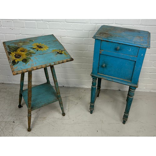 92 - A BLUE PAINTED OCCASIONAL TABLE WITH 'SUNFLOWER' DESIGN ALONG IWTH A BLUE PAINTED BEDSIDE SIDE CABIN... 