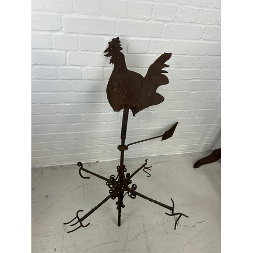 81 - A WROUGHT IRON AND TIN METAL WEATHER VANE WITH A COCKEREL, 

105cm x 94cm