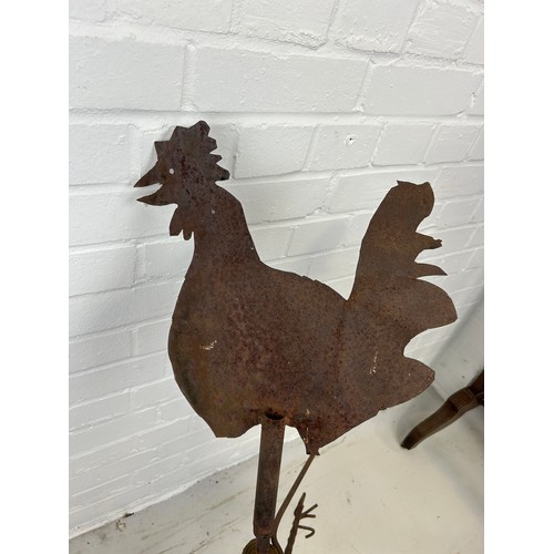 81 - A WROUGHT IRON AND TIN METAL WEATHER VANE WITH A COCKEREL, 

105cm x 94cm