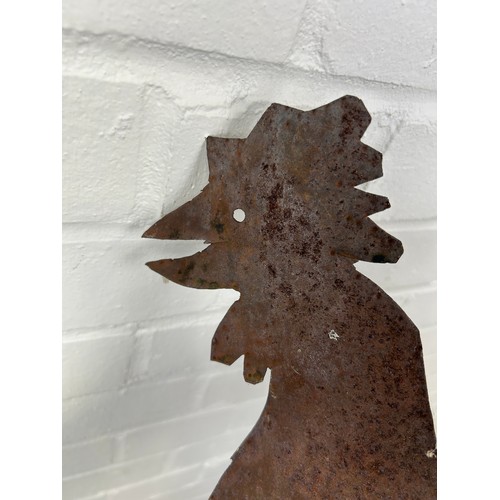 81 - A WROUGHT IRON AND TIN METAL WEATHER VANE WITH A COCKEREL, 

105cm x 94cm