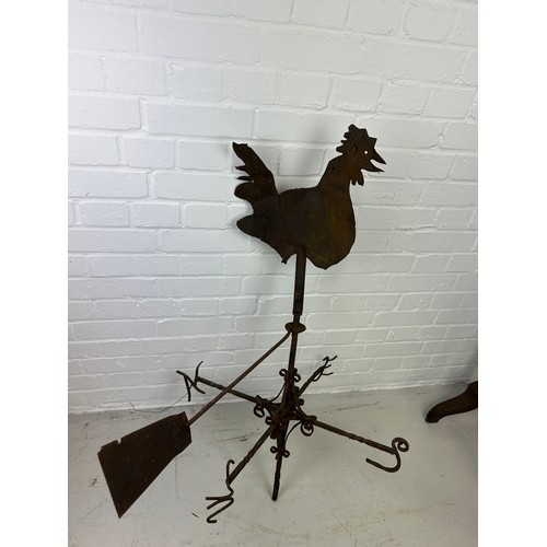 81 - A WROUGHT IRON AND TIN METAL WEATHER VANE WITH A COCKEREL, 

105cm x 94cm