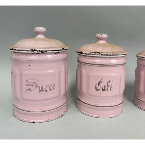 58 - KITCHENALIA: A GRADUATED SET OF SIX PINK KITCHEN TINS FOR TEA, SUGAR, SPICES ETC (6)

Tallest 20cm