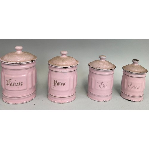 58 - KITCHENALIA: A GRADUATED SET OF SIX PINK KITCHEN TINS FOR TEA, SUGAR, SPICES ETC (6)

Tallest 20cm