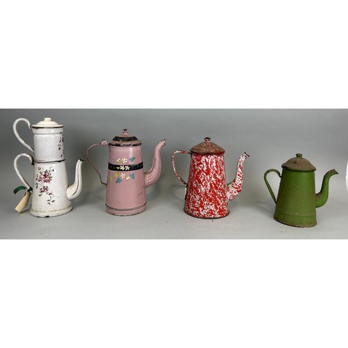 60A - A SET OF FOUR PAINTED ENAMEL COFFEE POTS MOSTLY FRENCH (4), 

Tallest 30cm H