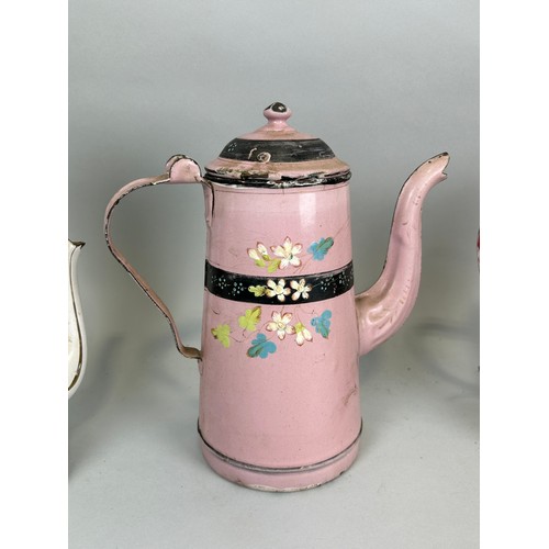 60A - A SET OF FOUR PAINTED ENAMEL COFFEE POTS MOSTLY FRENCH (4), 

Tallest 30cm H