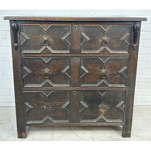 76 - A JACOBEAN DESIGN CHEST OF DRAWERS, 

Two short over three long drawers. 

91cm x 91cm x 46cm
