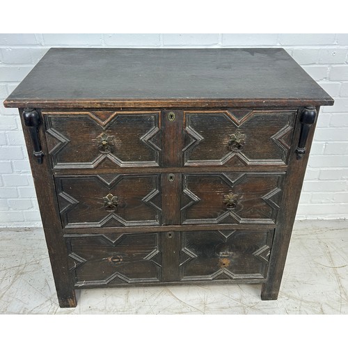76 - A JACOBEAN DESIGN CHEST OF DRAWERS, 

Two short over three long drawers. 

91cm x 91cm x 46cm