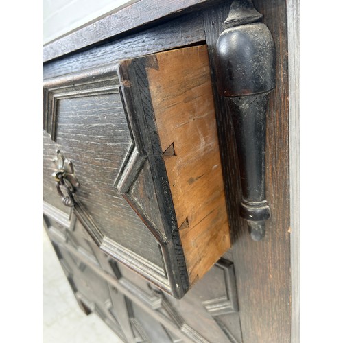 76 - A JACOBEAN DESIGN CHEST OF DRAWERS, 

Two short over three long drawers. 

91cm x 91cm x 46cm