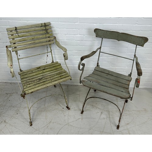 88 - A PAIR OF GREEN PAINTED 19TH CENTURY WOODEN AND WROUGHT IRON GARDEN CHAIRS (2),