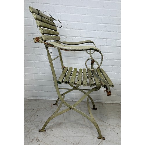 88 - A PAIR OF GREEN PAINTED 19TH CENTURY WOODEN AND WROUGHT IRON GARDEN CHAIRS (2),