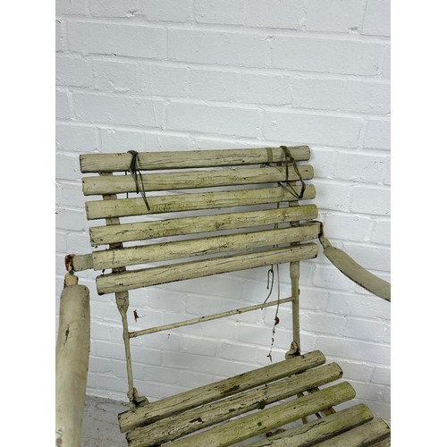 88 - A PAIR OF GREEN PAINTED 19TH CENTURY WOODEN AND WROUGHT IRON GARDEN CHAIRS (2),