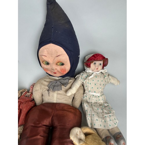 43 - A COLLECTION OF TEN ANTIQUE DOLLS AND PUPPETS, 

Largest 65cm L