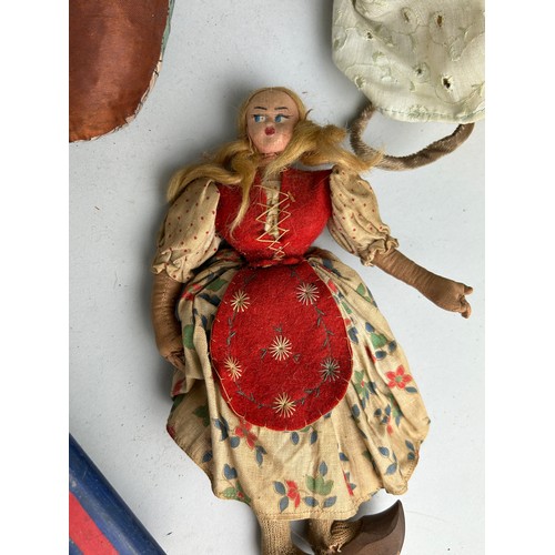43 - A COLLECTION OF TEN ANTIQUE DOLLS AND PUPPETS, 

Largest 65cm L