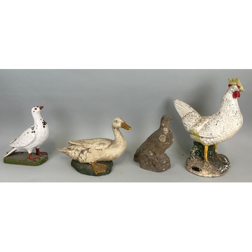 62 - A SET OF FOUR PAINTED CERAMIC AND STONE BIRDS, 

To include a dove, duck, chicken and a pigeon
