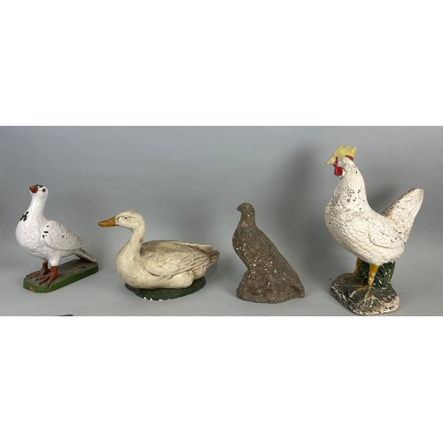 62 - A SET OF FOUR PAINTED CERAMIC AND STONE BIRDS, 

To include a dove, duck, chicken and a pigeon
